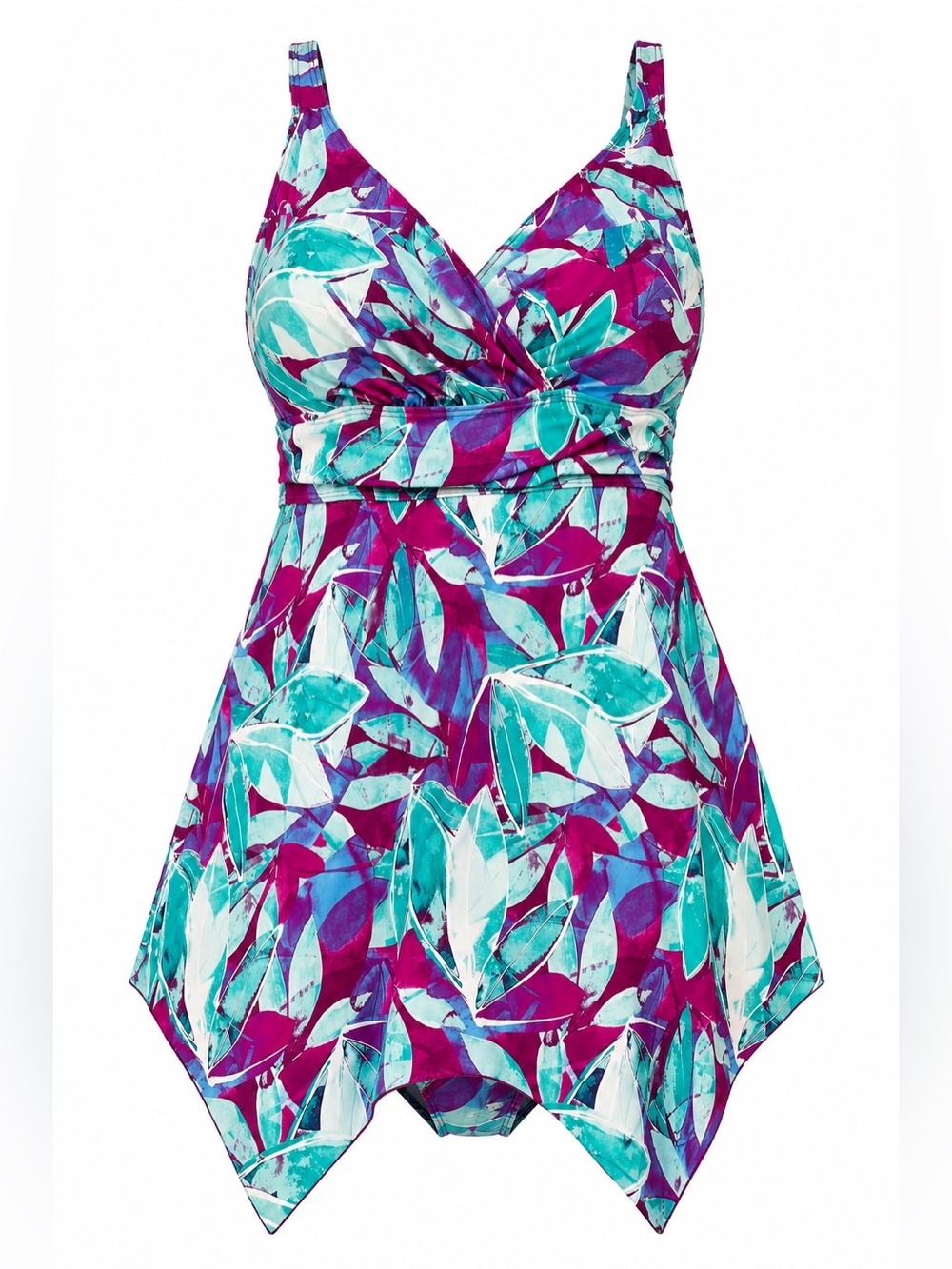 Flattering V-Neck Floral One-Piece Swimdress in Teal & Magenta